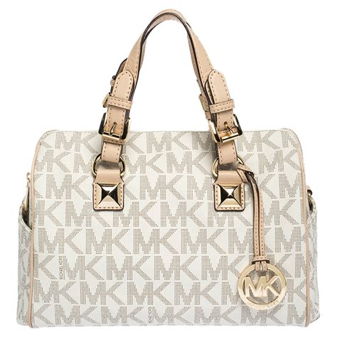 michael kors beige natural canvas shoulder bag tan gold trim|Michael Kors bag original price.